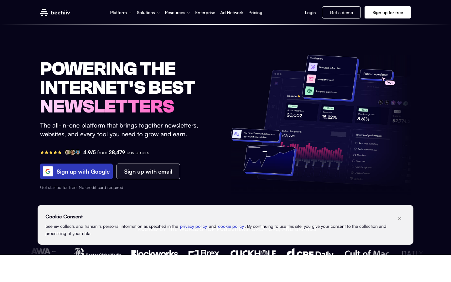Beehiiv newsletter platform homepage