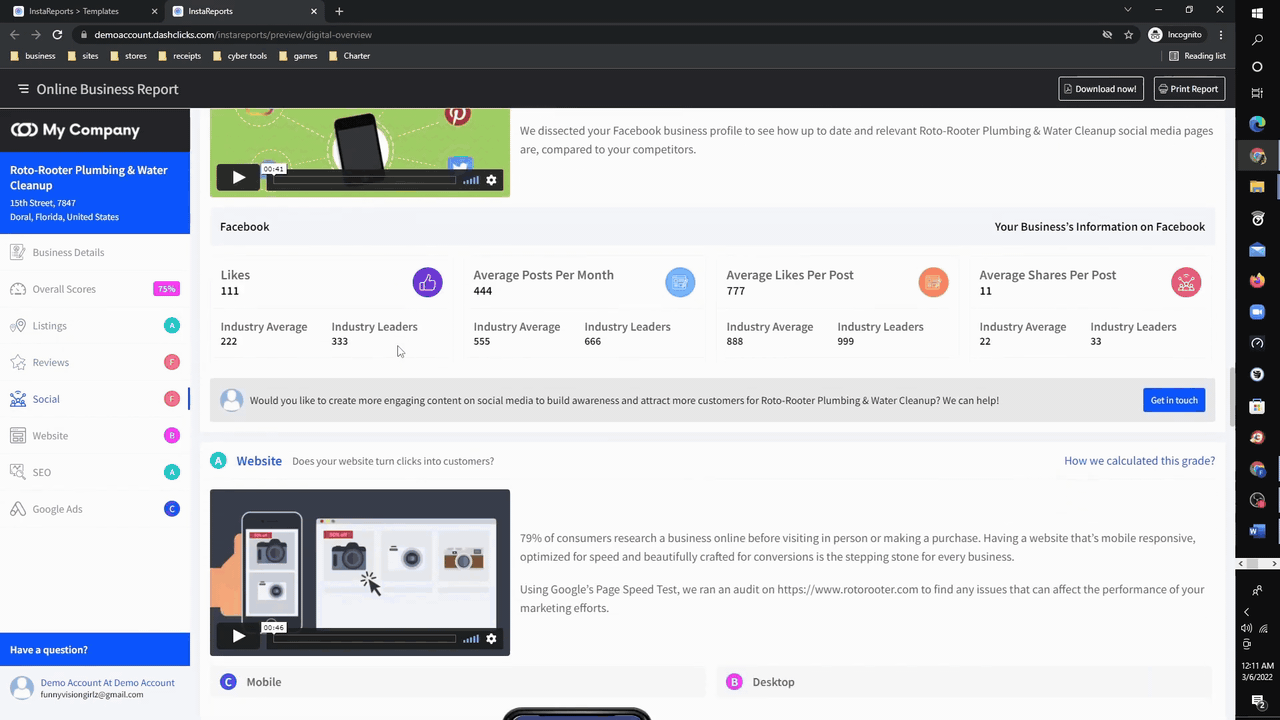 DashClicks InstaReport scrolling through Facebook engagement metrics, website page speed analysis, and SEO audit categories for a plumbing business