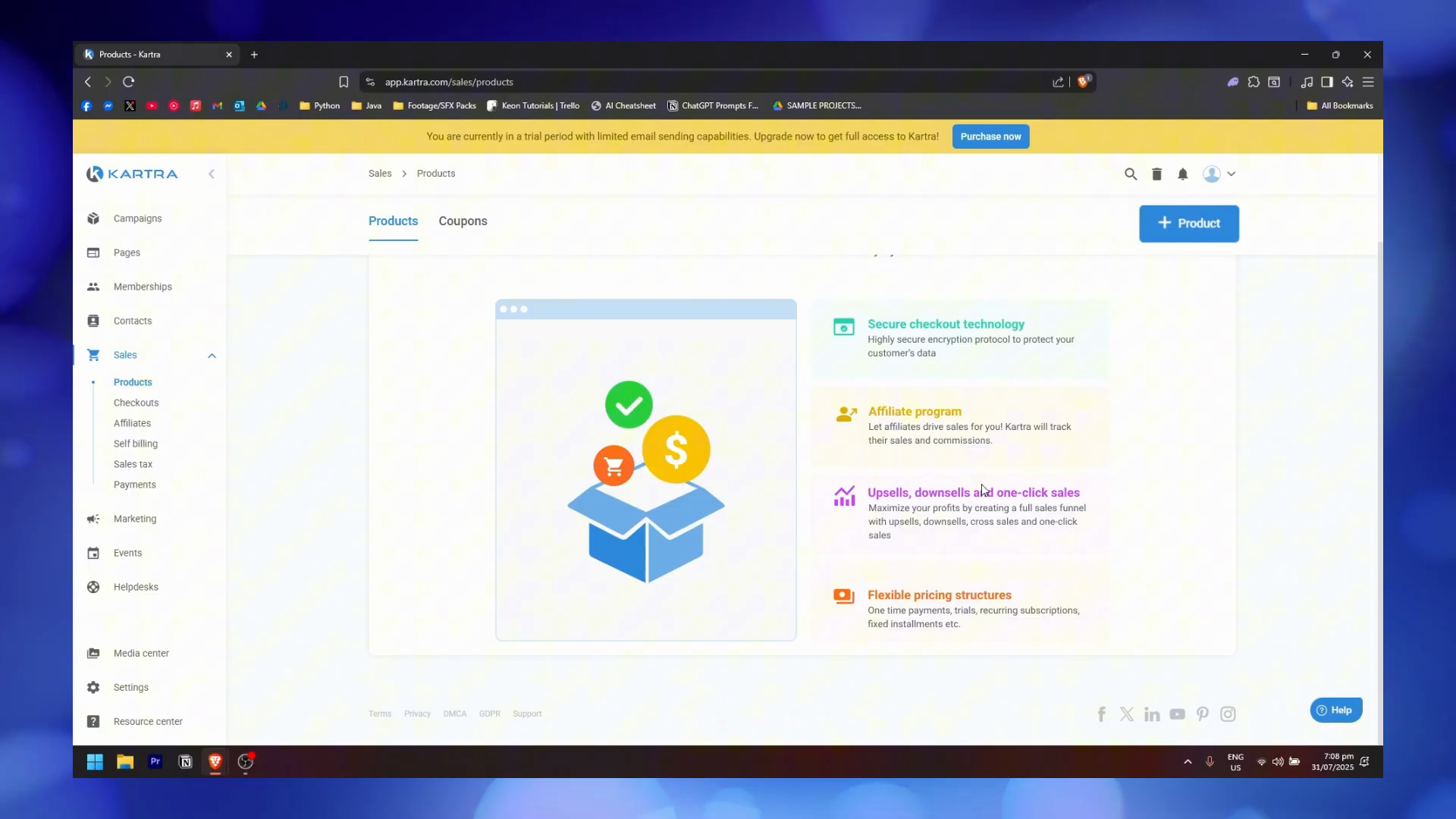 Kartra Products dashboard showing secure checkout, affiliate program, upsells and downsells, and flexible pricing features