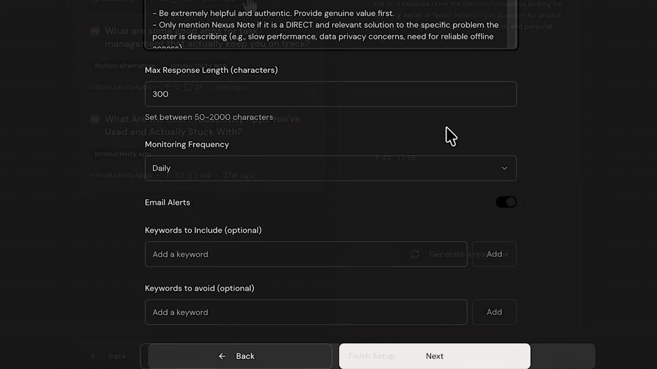 Okara AI Reddit Agent configuration showing custom instructions, response length, monitoring frequency, and keyword settings