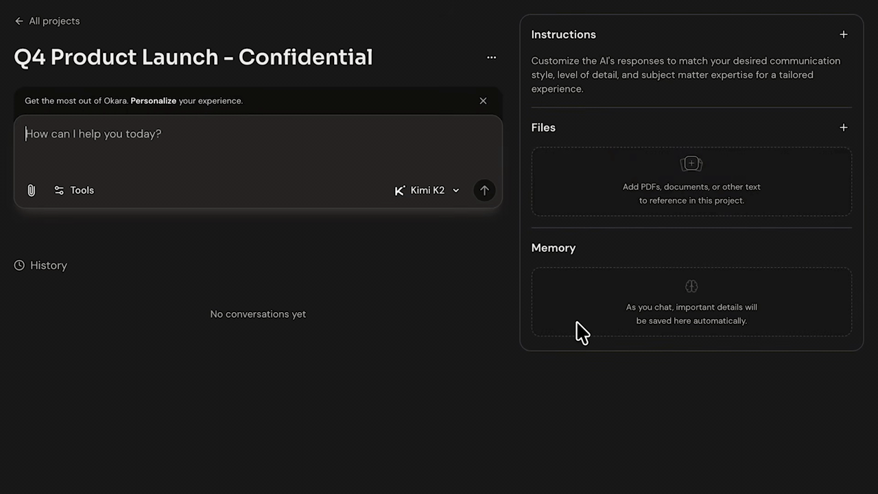 Okara AI project creation interface showing Q4 Product Launch with Instructions, Files, and Memory panels