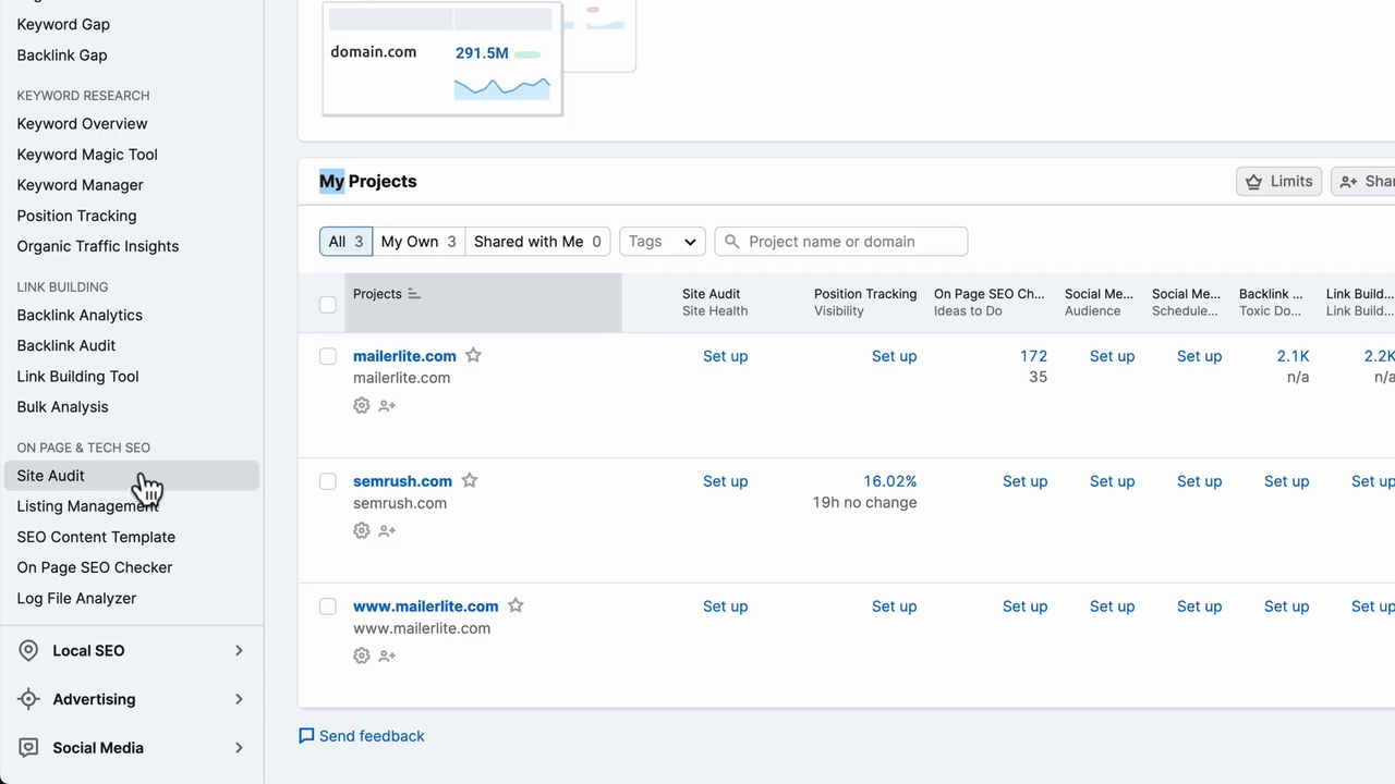 Semrush navigation from My Projects dashboard to the Site Audit results view showing site health score of 82 percent crawled pages errors warnings notices and category breakdowns for crawlability HTTPS and performance