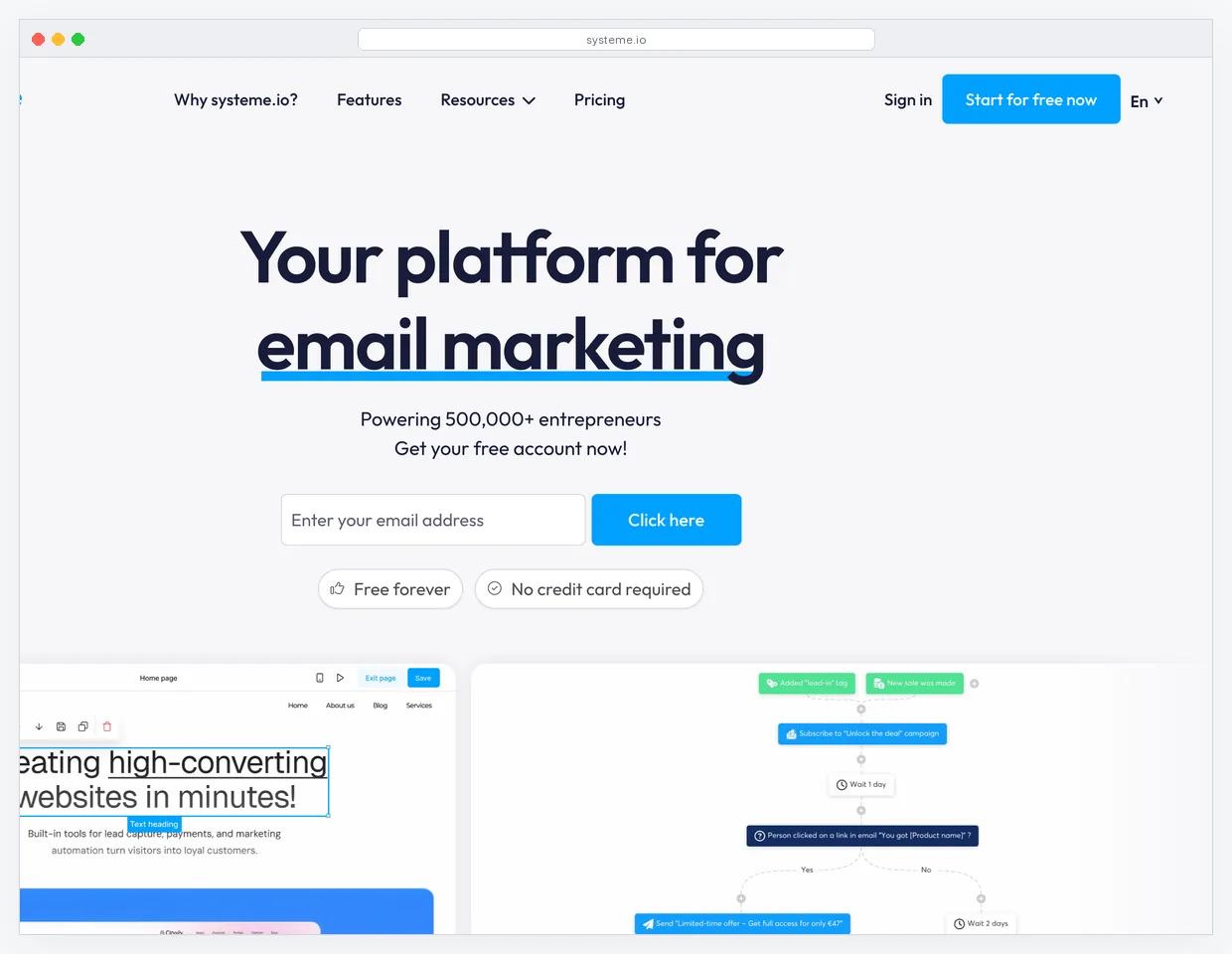 Systeme.io all-in-one funnel and email platform homepage
